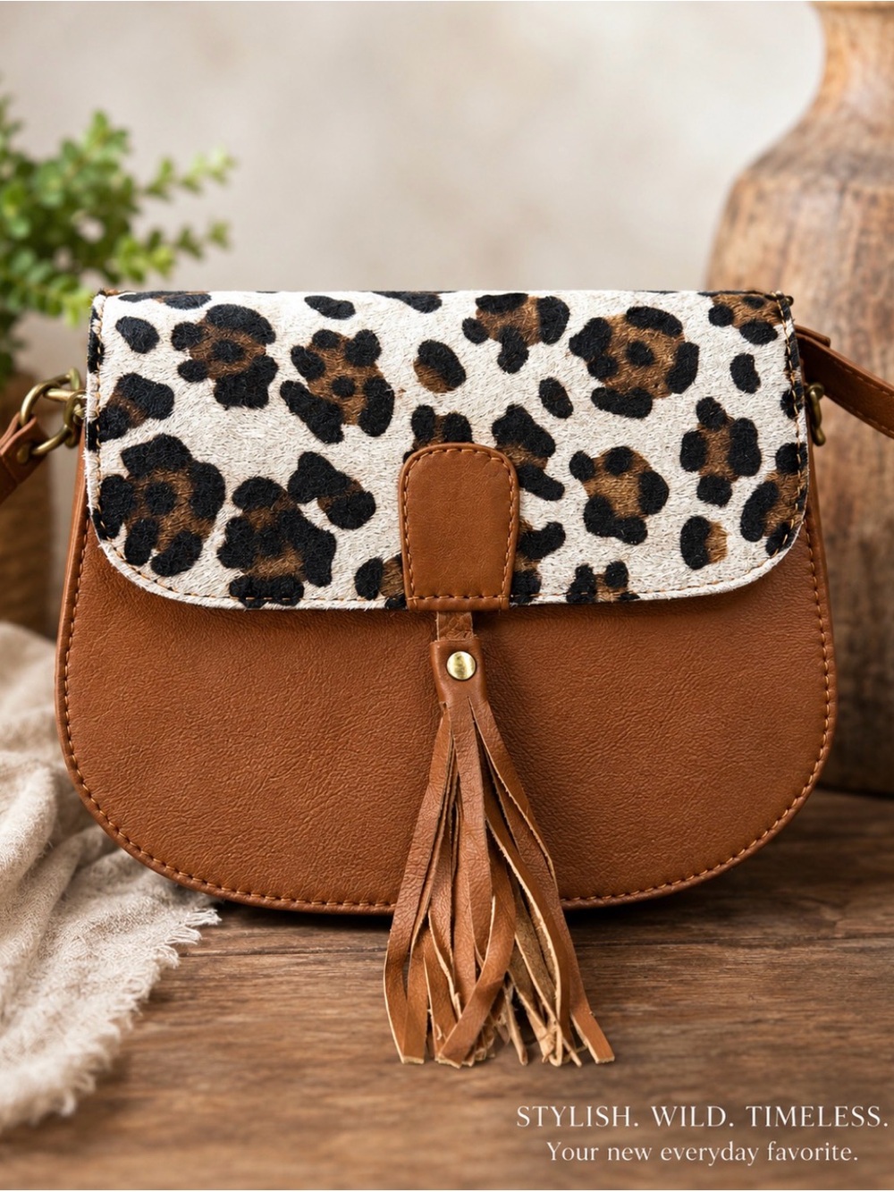 Leopard Accent Brown Crossbody Bag with Tassel